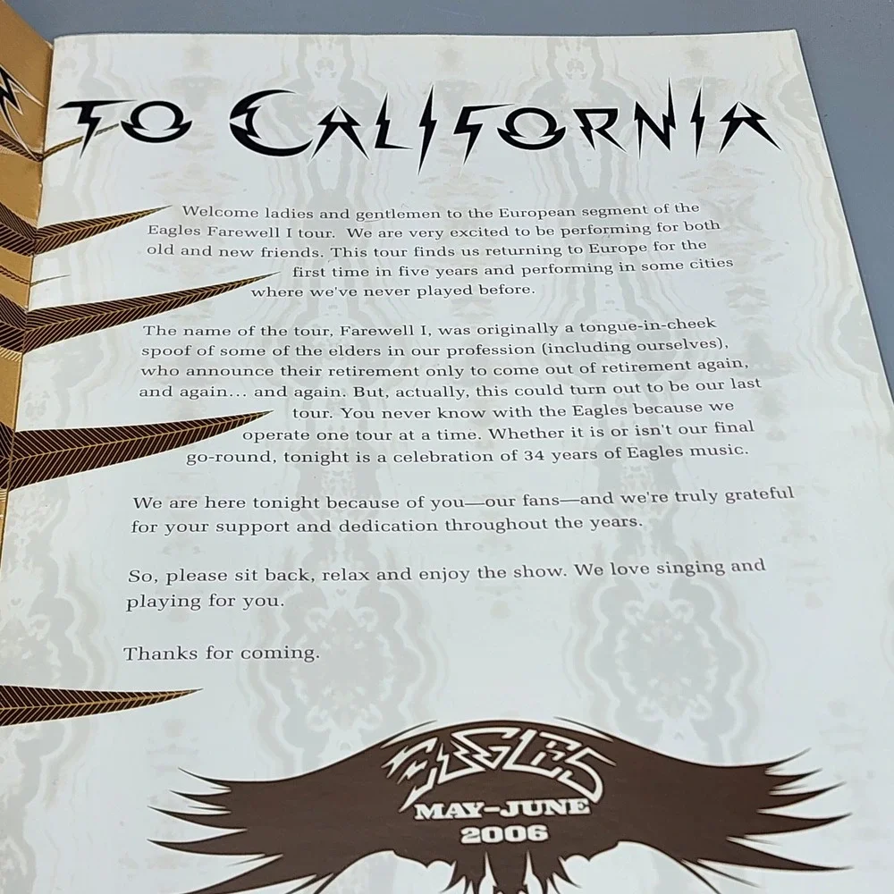 Eagles Tour Program Gold Farewell I 2006 European Tour Souvenir Book California